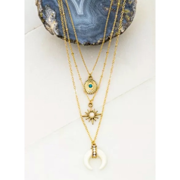 Jewelry - Gold Three Row Star Crescent Boho Charm Necklace